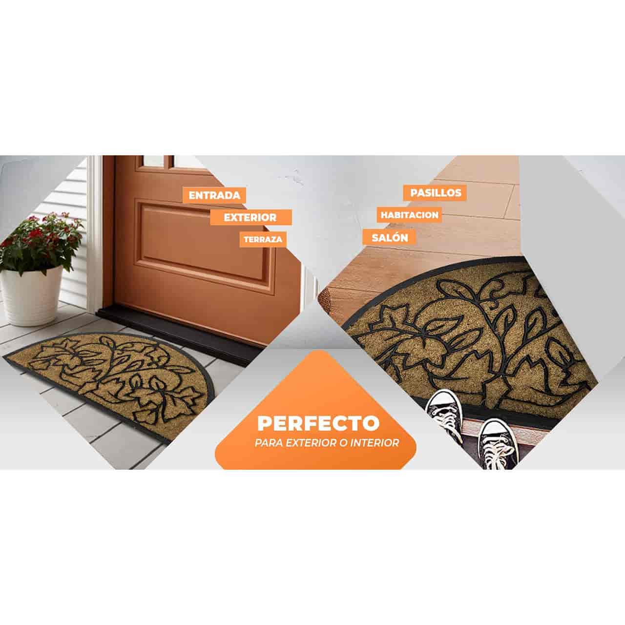 felpudo media luna de coco y goma con grabado decorativo