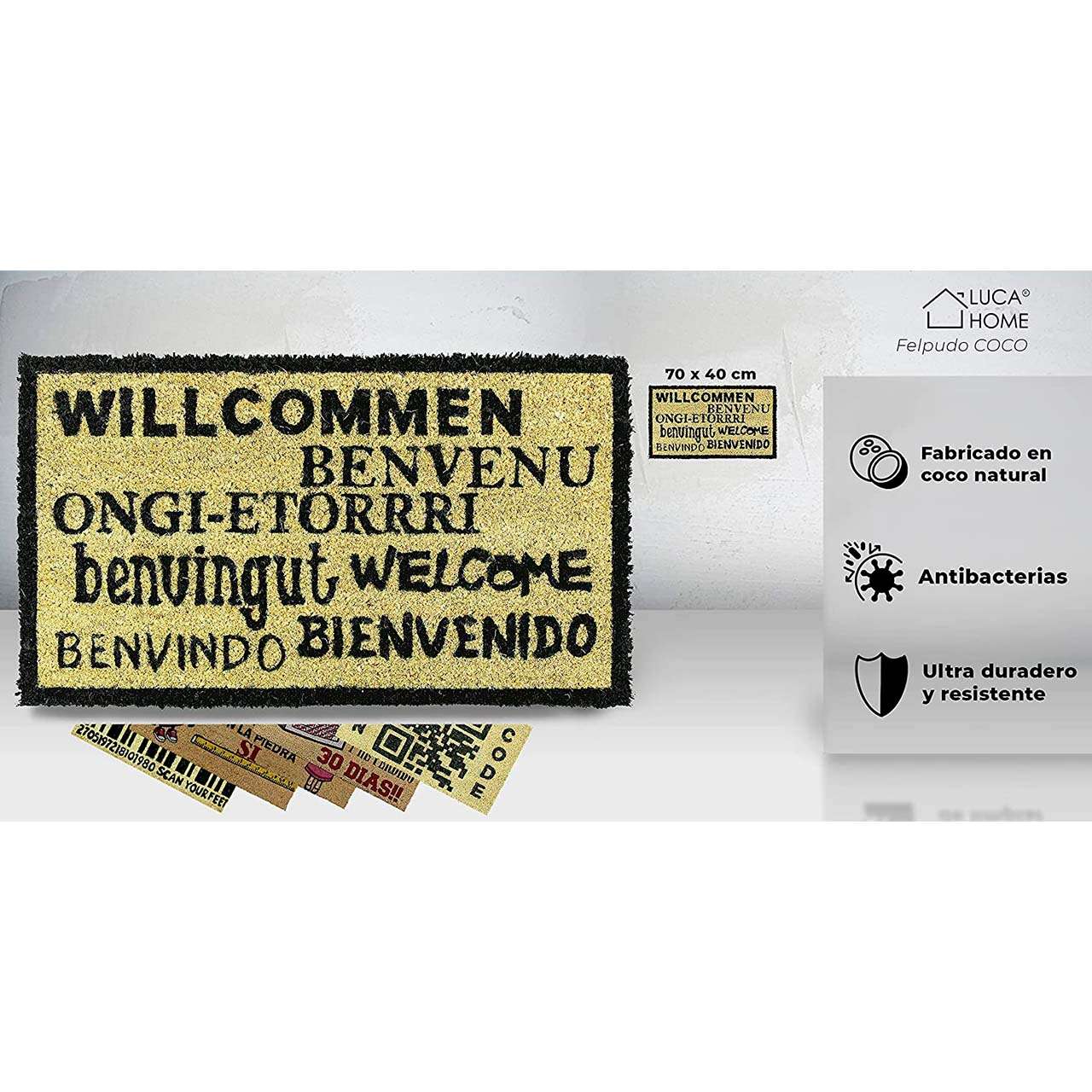 Felpudo de coco antideslizante 40x70 - Bienvenido en varios idiomas - Imagen 2