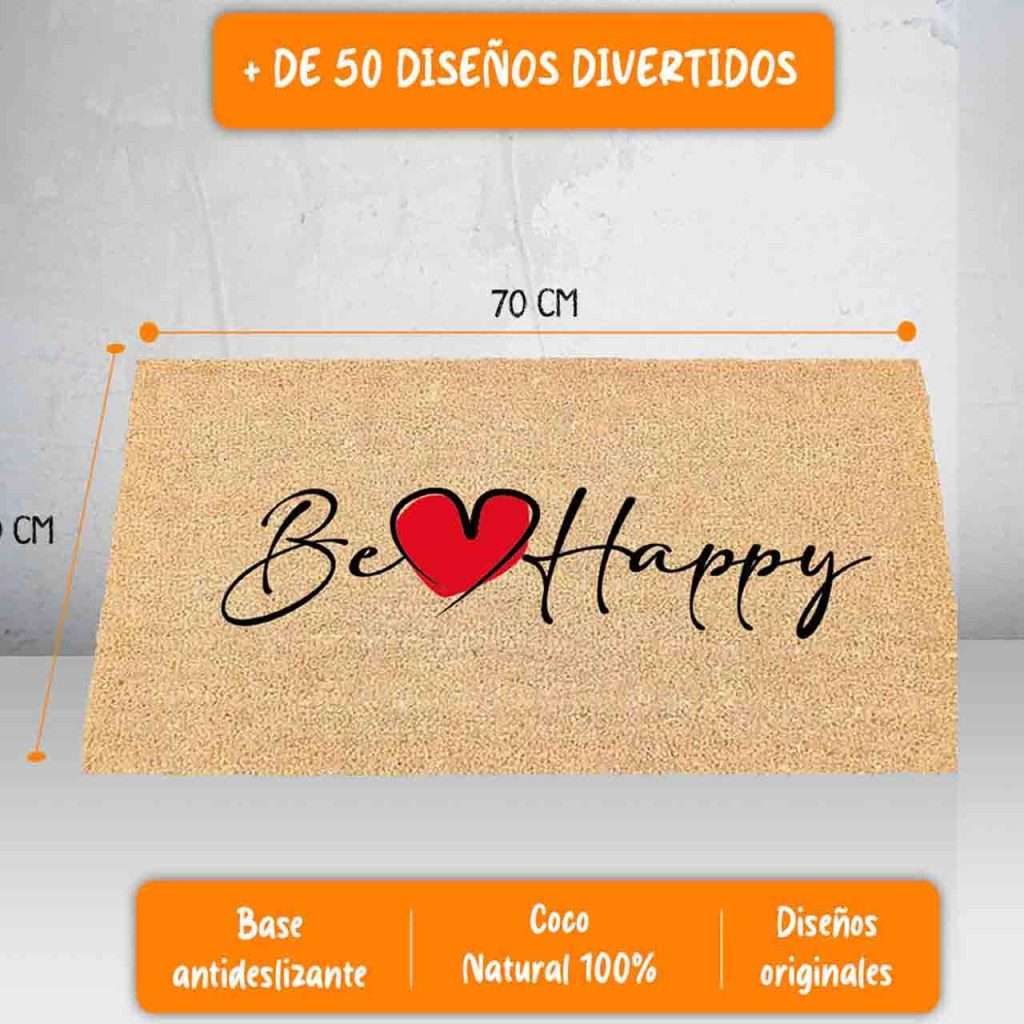 Felpudo de coco original con diseño Be Happy 40x70