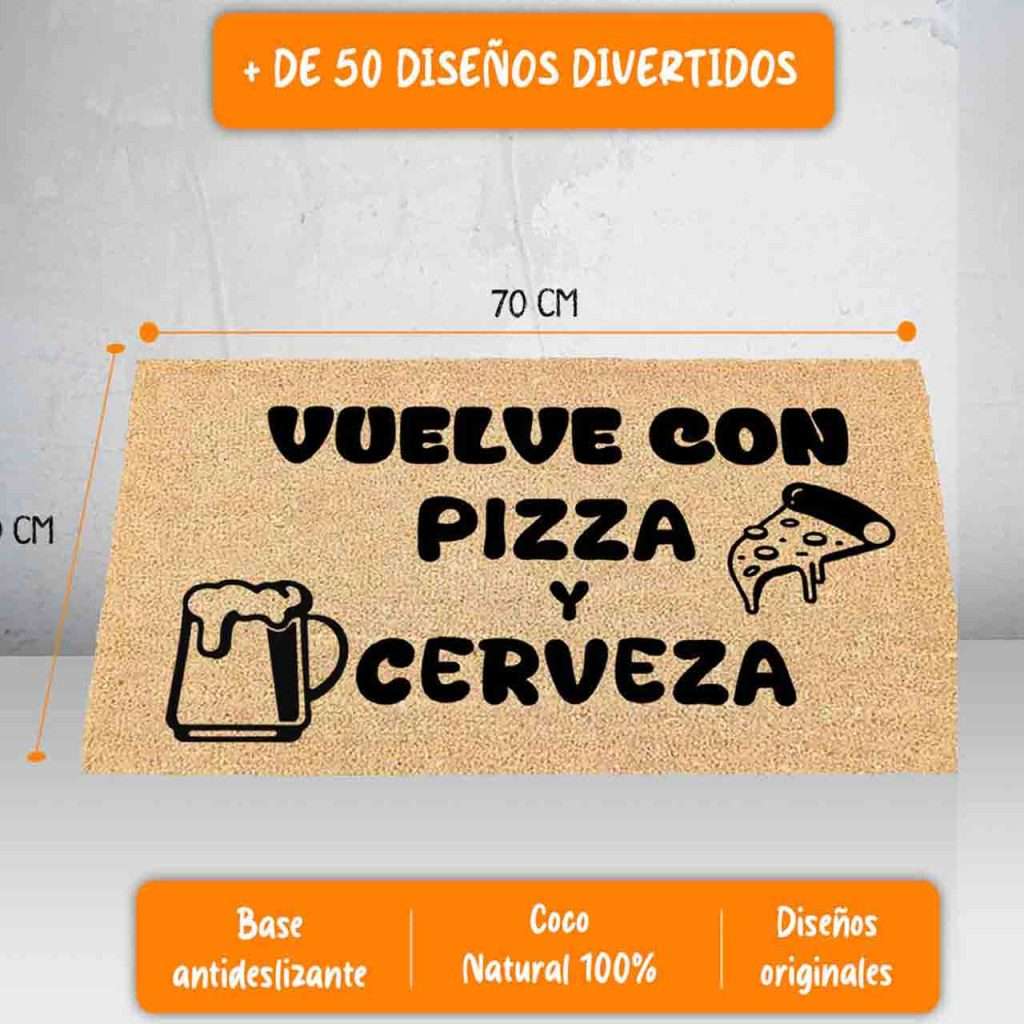 Felpudo de fibra de coco natural con divertido dibujo de pizza y cerveza