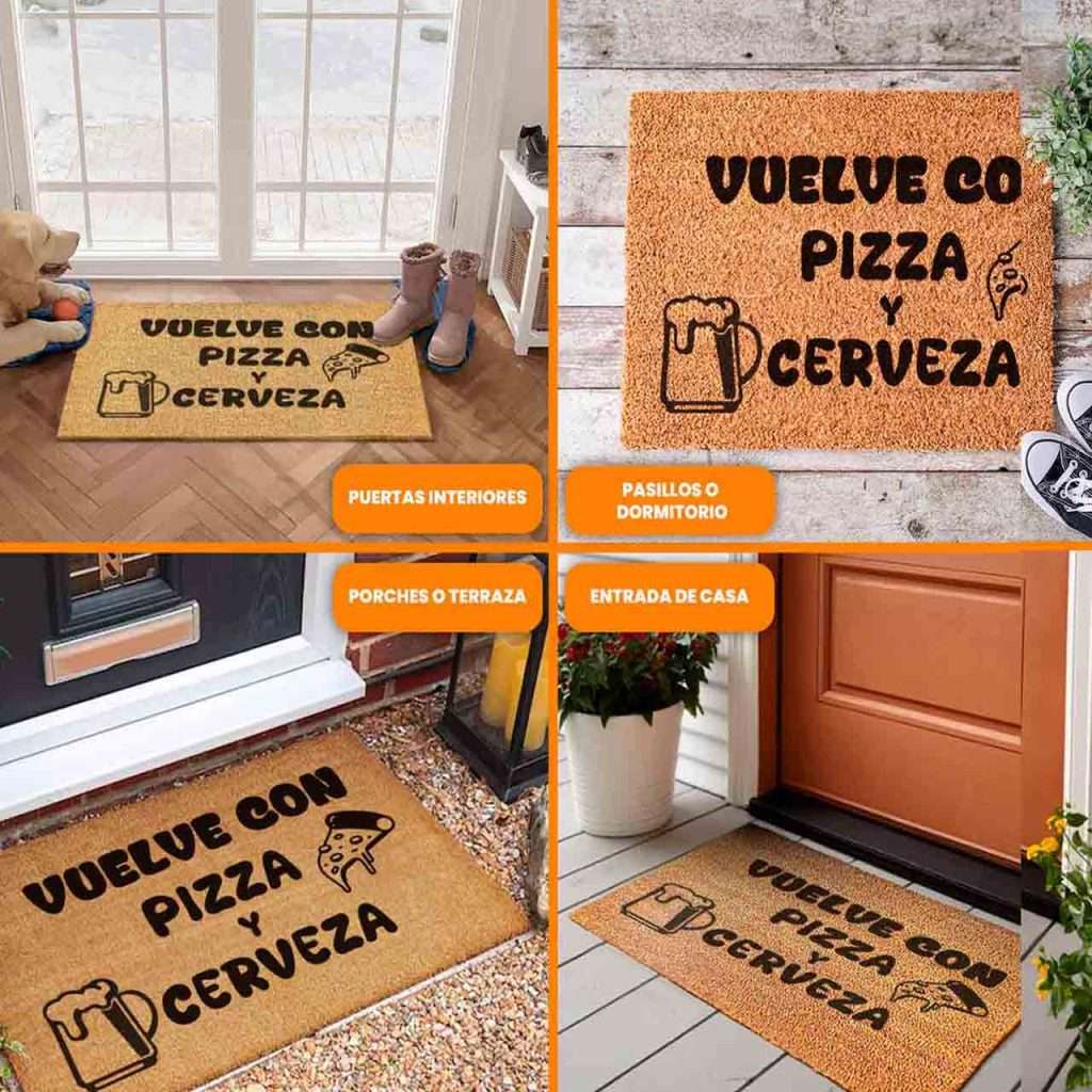 Felpudo de fibra de coco natural ideal para la entrada de casa con pizza y cerveza